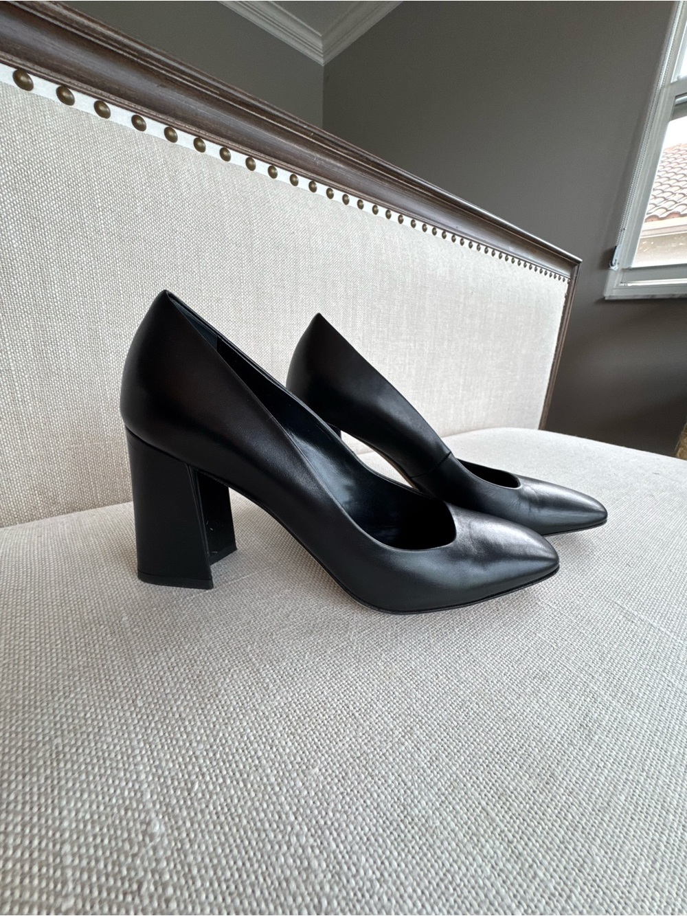 Via Spiga Classic Black Leather Block Heel Pumps - Women's